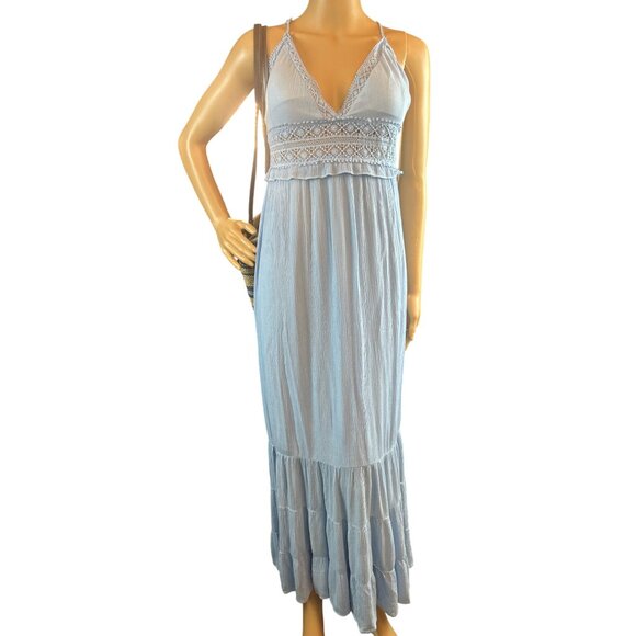 Womens Plunge Gauzy Maxi Dress Medium Baby Blue Crochet Lagenlook Boho - Picture 1 of 8